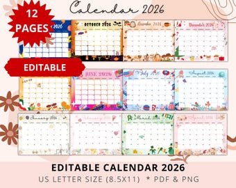 Editable Monthly Calendar 2026, Holiday Calendar, Calendar for kids, School Calendar, Academic Planner, Teacher Calendar, Homeschool Planner