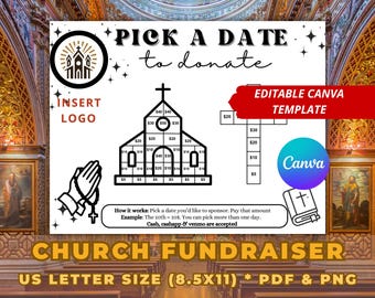 Church Fundraising Calendar, Church Pick a Date to Donate, Fundraiser Template, Canva, Fill My Church, Mission Trip, Church Camp
