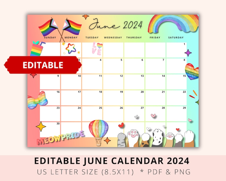 Editable June Calendar 2024 Pride Month 2024 Queer Proud Etsy