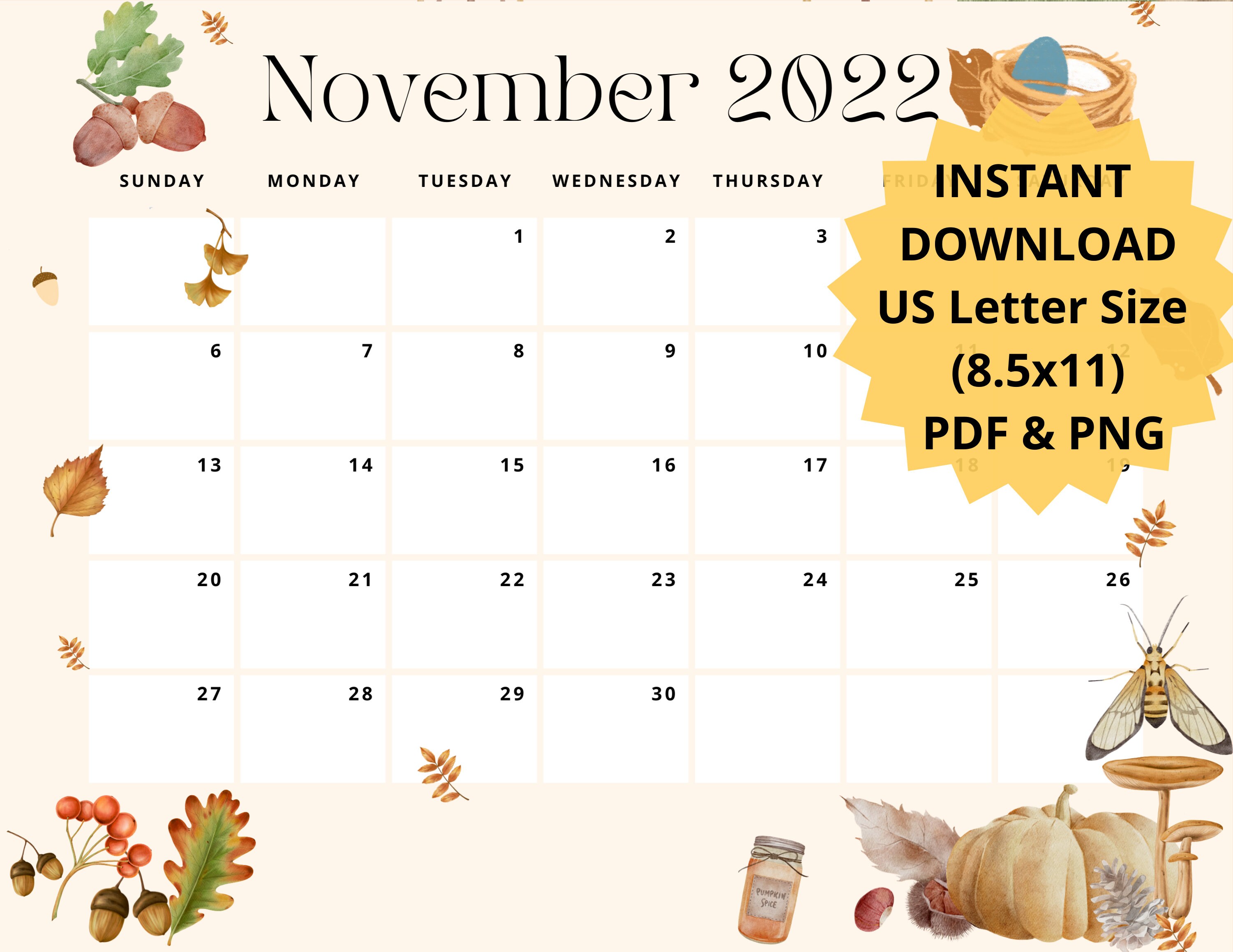 editable thanksgiving november 2022 monthly calendar printable etsy