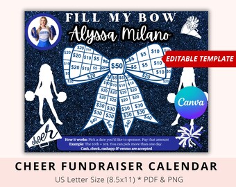 Editable Cheer pick a date to donate, Cheer Fundraiser Calendar, Navy Theme, Fill My Bow, Black Out My Board, Cheer Sponsor Calendar