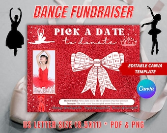 Editable Dance Black out my board, Red, Dance Pick a date to donate, Sponsor My Uniform, Pay The Date, Canva, Dance Competition Fundraiser