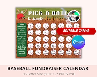 Editable  Baseball pick a date to donate, Black out My Board, Pay My Jersey, Baseball Fundraiser, Pay The Date, Donate Calendar, PDF, PNG