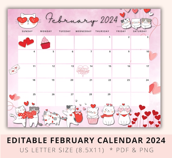 Editable February Calendar 2024, Cat Lover, Valentine 2024, Academic  Planner, Homeschool Calendar, Holiday, Digital Planner, Download, PDF 