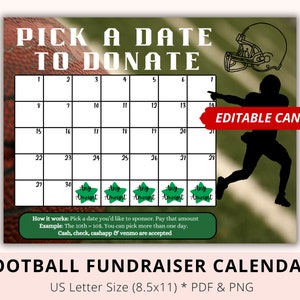 Editable Football pick a date to donate, Football League Fundraiser, Football Sponsor, Fundraiser Calendar, Pay The Date, Donate Calendar