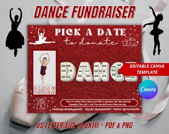 Editable Dance Fundraiser Calendar, Blackout Board, Maroon, Canva Template, Pick a Date to Donate, Dance Team Competition Cash Fundraiser