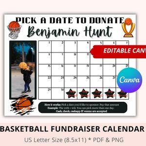 Editable Basketball Black out my board, Pick A Date To Donate, Fundraiser Calendar, Black, Canva Template, Pay My Basketball, Team Fund