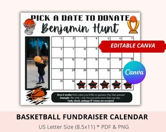 Editable Basketball Black out my board, Pick A Date To Donate, Fundraiser Calendar, Black, Canva Template, Pay My Basketball, Team Fund