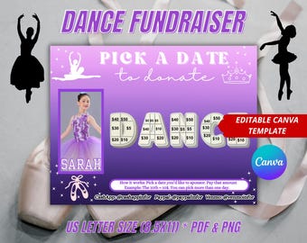 Editable Dance Fundraiser Calendar, Blackout Board, Purple, Canva Template, Pick a Date to Donate, Dance Team Competition Cash Fundraiser