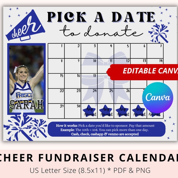 Cheer Fundraiser Calendar, Cheer pick a date to donate, Navy Theme, Editable Canva Fundraise, Pay The Date Calendar, Cheer Sponsor Calendar