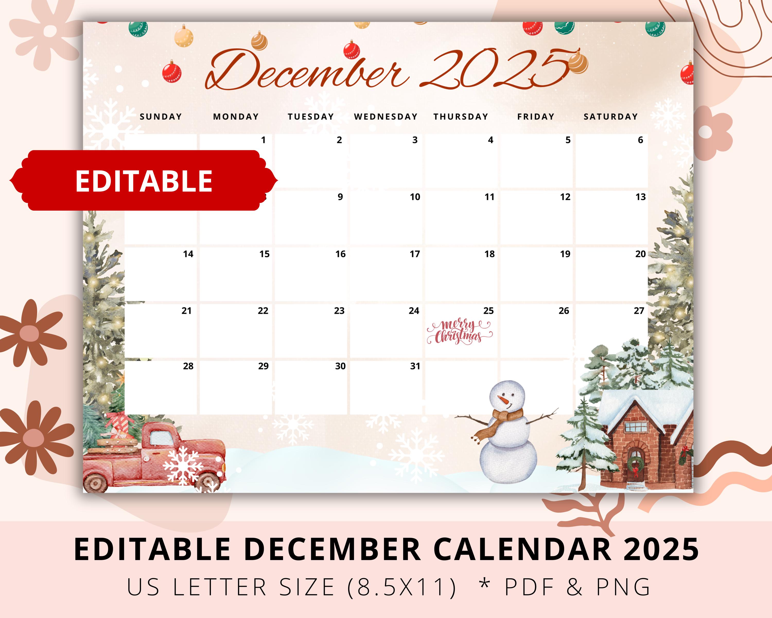 Editable Christmas Calendar 2025, December 2025 Planner, Christmas Holiday, Red Theme, Christmas Planner, Kids, Digital, Download, PDF