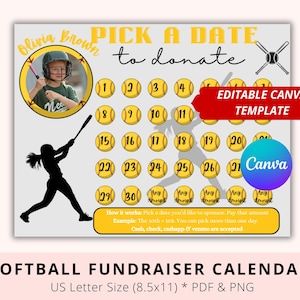 Editable Softball Black out My Board, Yellow theme, Pick a date to donate, Pay My Jersey, Softball Fundraiser, Softball Sponsor Calendar