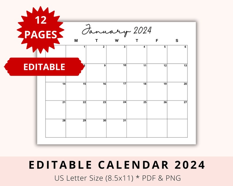 Editable 2025 Monthly Calendar, Office Calendar, Classroom Calendar