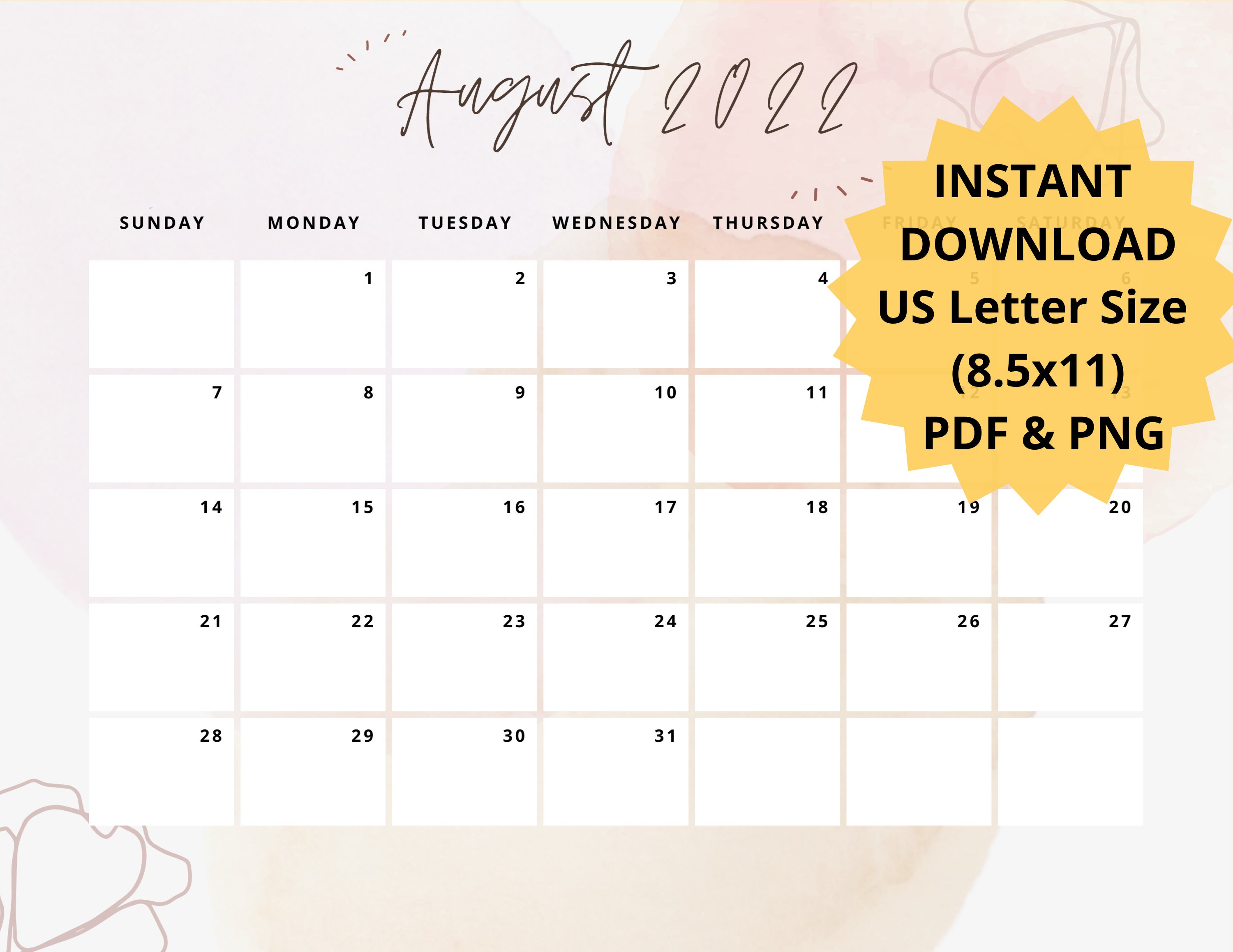 editable floral august 2022 monthly calendar printable hand etsy