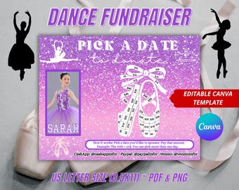 Editable Dance Fundraiser Calendar, Blackout Board, Purple, Canva Template, Pick a Date to Donate, Dance Team Competition Cash Fundraiser
