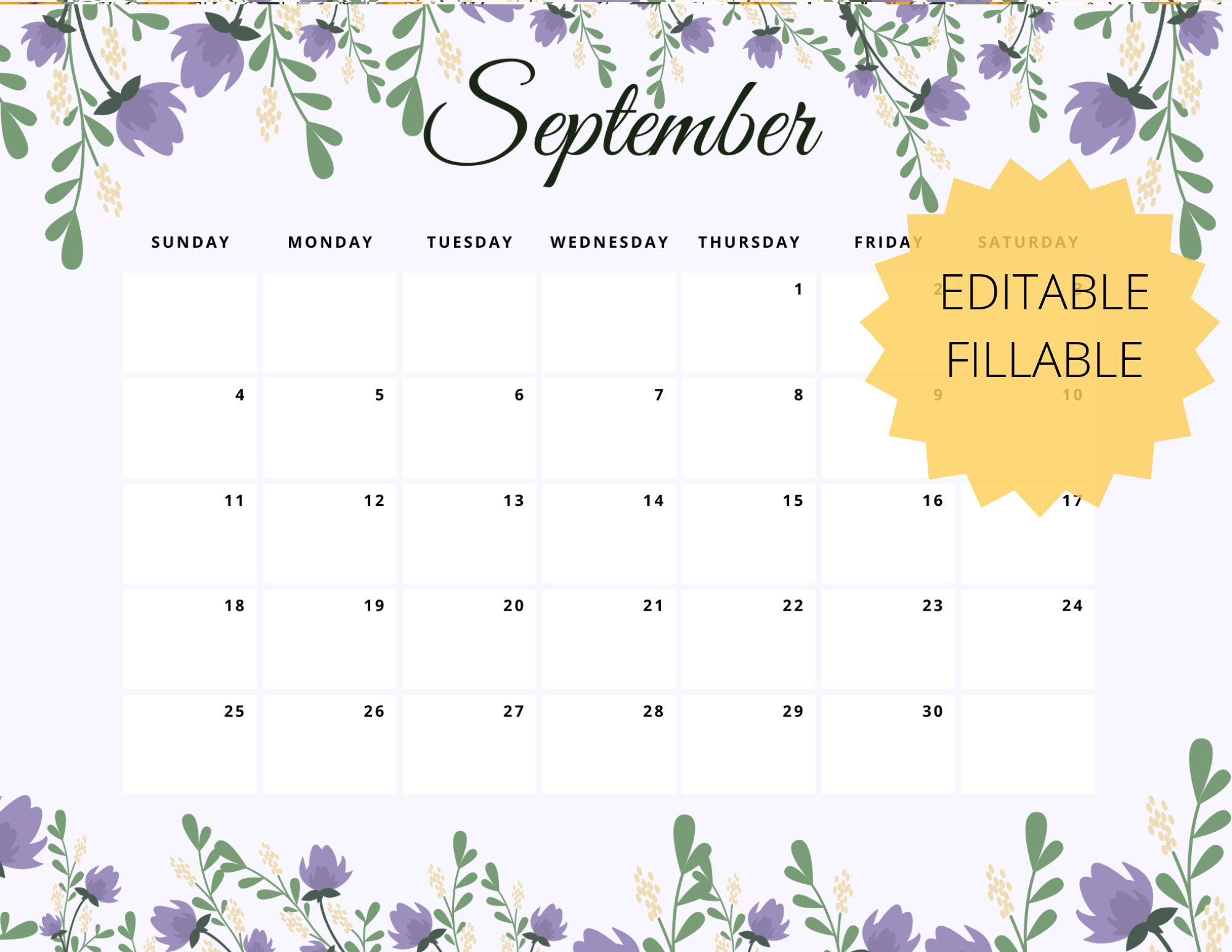 editable floral september 2022 monthly calendar printable etsy