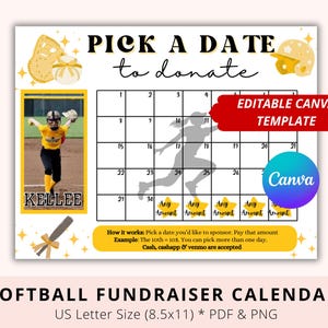 Editable Softball Black out My Board, Yellow theme, Pick a date to donate, Pay My Jersey, Softball Fundraiser, Softball Sponsor Calendar