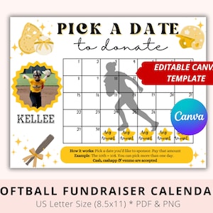 Editable Softball Black out My Board, Yellow theme, Pick a date to donate, Pay My Jersey, Softball Fundraiser, Softball Sponsor Calendar
