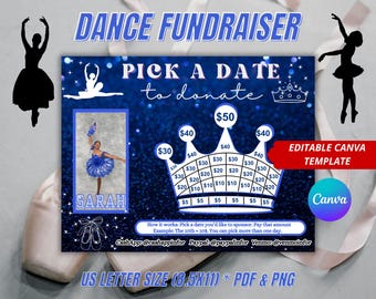 Editable Dance Black Out My Board, Dance Pick a date to donate,  Sponsor My Season, Pay The Date, Navy, Sponsor My Uniform, Canva Template