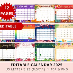 Editable Monthly Calendar 2025, Holiday Calendar 2025, Academic Planner, School Calendar, 12 Month, Teacher, Digital, Download, PDF, PNG