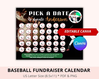 Editable Baseball Black Out My Board, Baseball Team Fundraiser, Pay The Date, Pick a Date To Donate, Fundraiser Calendar, Canva