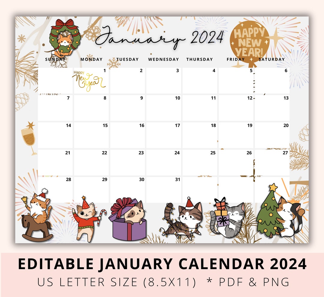 Editable January 2024 Calendar, Monthly Calendar Printable, Cat Lover