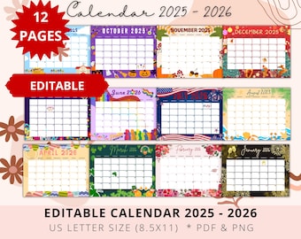 Editable School Calendar 25 26, Monthly Calendar 2026, Holiday Calendar, Calendar for kids, Academic Planner, Teacher Calendar, Digital