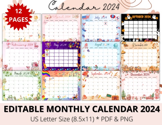 Year at a Glance Single Page Editable Calendar for Classroom and