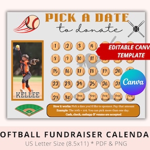 Editable Softball Black out My Board, Orange, Pick a date to donate, Pay My Jersey, Softball Fundraiser, Softball Sponsor, Donate Calendar