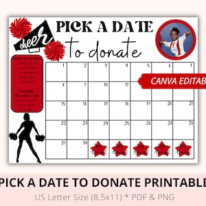 Cheer pick a date to donate, Fundraiser Calendar, Editable Canva, Pay The Date, Cheerleading Fundraiser, Sponsor My Cheer Season, Download