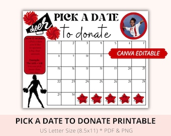 Cheer pick a date to donate, Fundraiser Calendar, Editable Canva, Pay The Date, Cheerleading Fundraiser, Sponsor My Cheer Season, Download