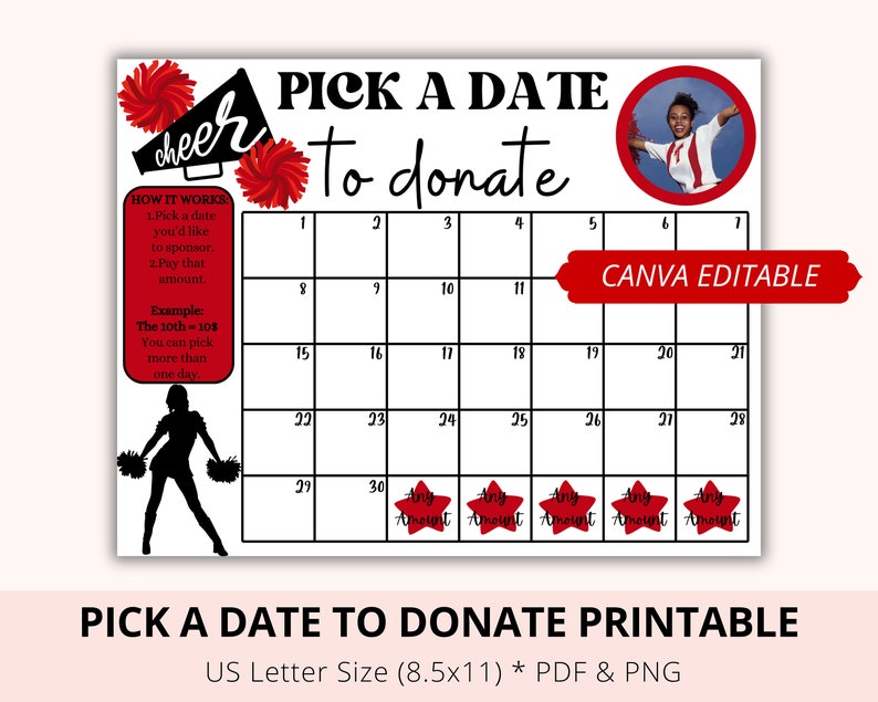 Cheer Pick a Date to Donate, Fundraiser Calendar, Editable Canva, Pay