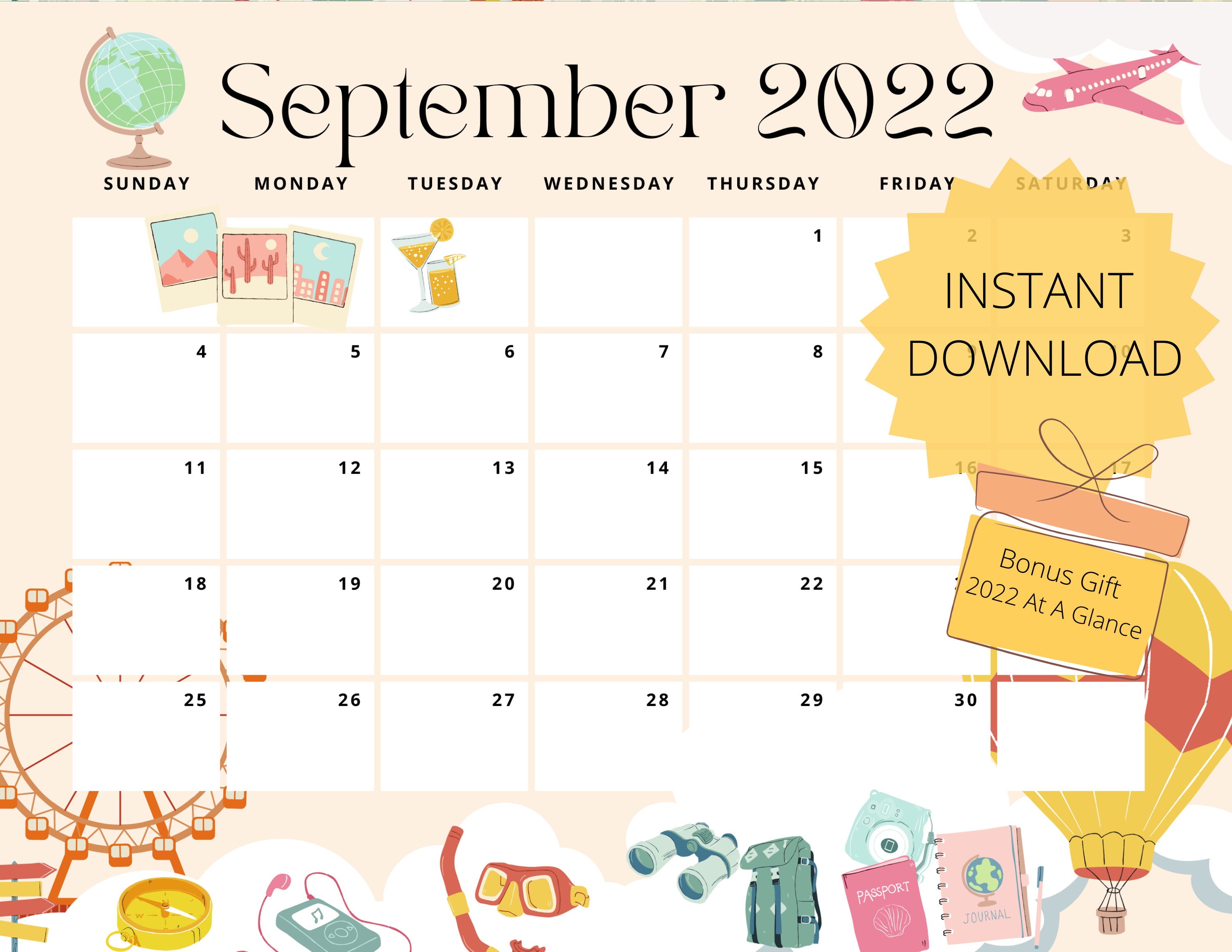 editable holiday september 2022 monthly calendar printable etsy
