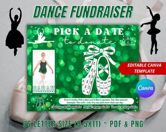 Editable Dance Fundraiser Calendar, Blackout Board, Green, Canva Template, Pick a Date to Donate, Dance Team Competition Cash Fundraiser