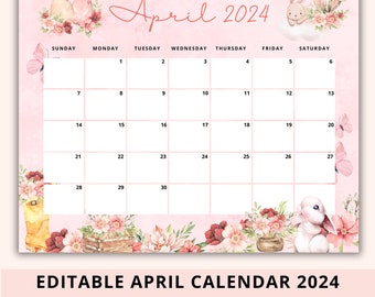 Editable April Calendar 2024, Easter Planner, Pink Cute Rabbit, Homeschool Planner, Goodnotes Planner, Academic Planner, Calendar for Kids