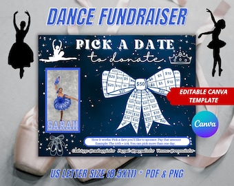 Editable Dance Black Out My Board, Dance Pick a date to donate, Fill My Bow, Sponsor Dance Competition, Sponsor My Season, Navy, Canva