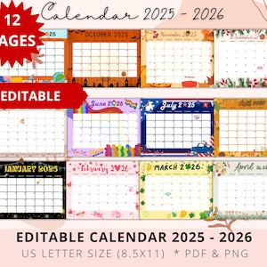 Editable School Calendar 25 26, Monthly Calendar 2026, Back to school, Holiday Calendar, Calendar for kids, Academic Planner, Teacher