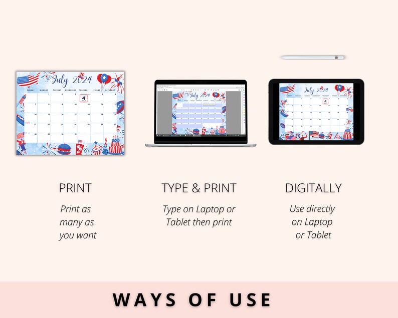 Editable July Calendar 2024, July 4th 2024, Classroom Calendar