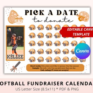 Editable Softball Black out My Board, Pick a date to donate, Orange, Pay My Jersey, Softball Fundraiser, Softball Sponsor, Donate Calendar