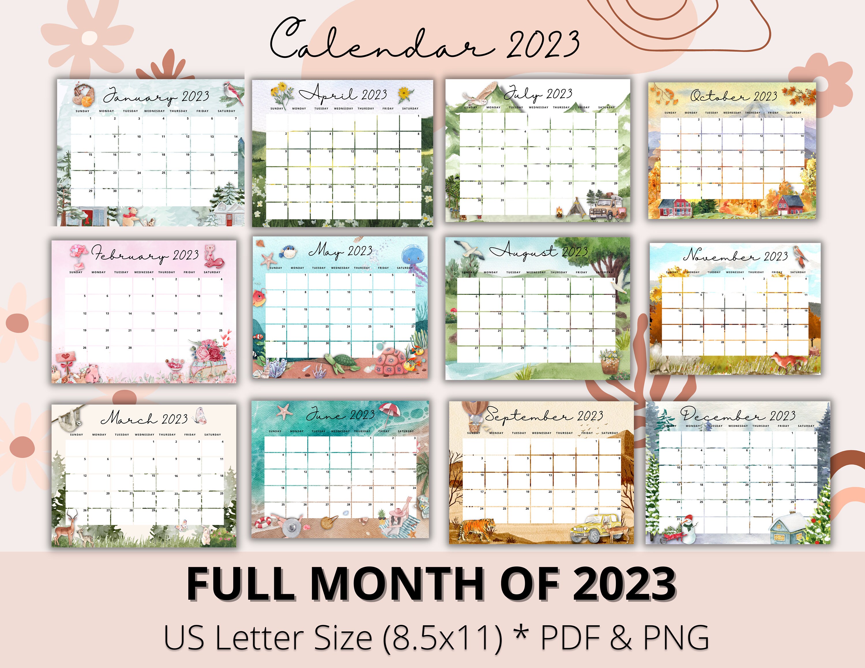 Editable Monthly Calendar 23 Mid Year Calendar 2023 Calendar Etsy