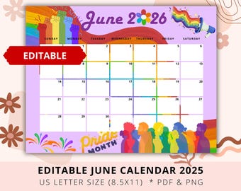 Editable June 2026 Pride Calendar PDF, Fillable Monthly Planner, LGBTQ Rainbow Calendar, Printable & Digital Download
