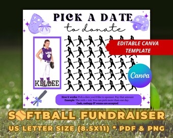 Editable Softball Fundraiser Calendar Template, Pick a Date Donation Flyer, Canva Purple Theme Team Printable