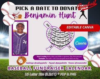 Baseball Fundraiser Calendar Canva Template, Editable Baseball Team Fundraiser,  Printable Little League Calendar Fundraiser, Purple