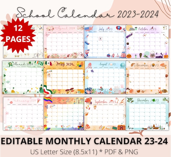 Year at a Glance Single Page Editable Calendar for Classroom and