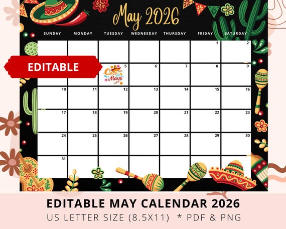 Editable May Calendar 2026, Monthly Calendar, Cinco de Mayo, Holiday Calendar 2026, Kids, Teacher, School, Planner, Download, Digital, PDF