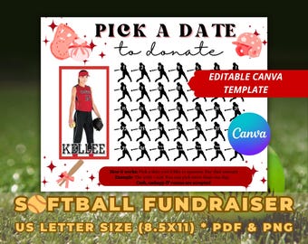 Softball Fundraiser Calendar Template, Editable Canva Pick a Date Donation Flyer, Maroon Theme Team Printable