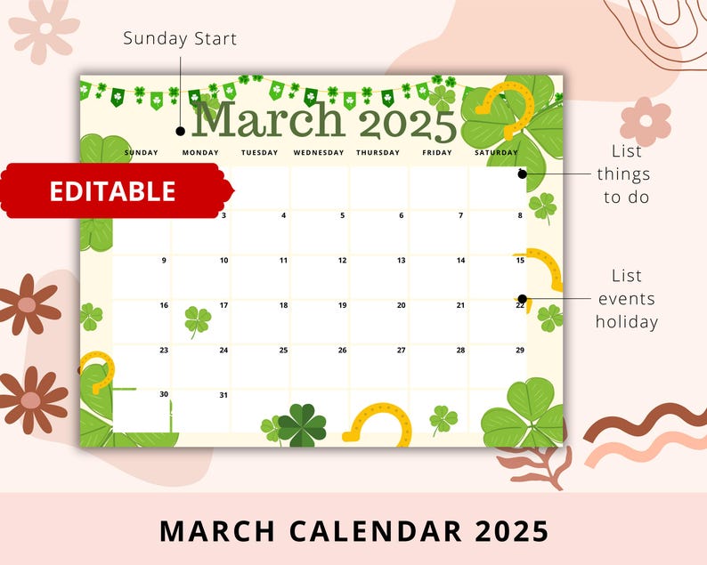 Editable March 2025 Monthly Calendar, Green St Patrick 2025, Homeschool