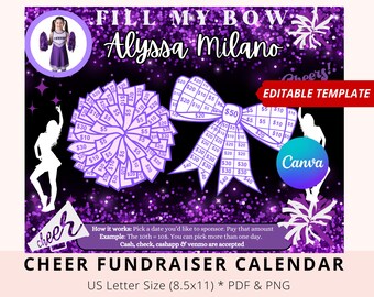 Editable Cheerleading pick a date to donate, Fundraiser Calendar, Purple Theme, Bow, Pay The Date, Cheerleading Fundraiser, Sponsor My Cheer