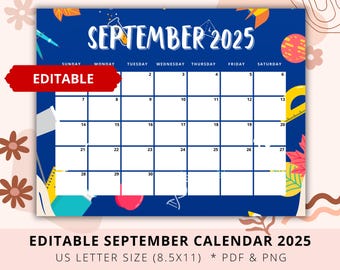 Editable September Calendar 2025, Back to School 2025, Calendar for Kid, Academic Planner, Homeschool Planner, Teacher Planner, Classroom
