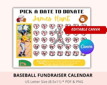 Editable Baseball Black Out My Board, Yellow, Fundraiser Calendar, Baseball Pick a date to donate, Template, Baseball Pay The Date, donate
